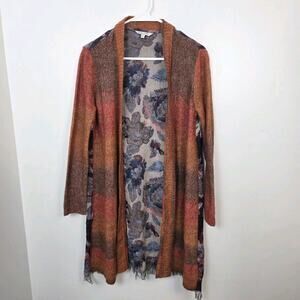 John Mark Orange Purple Floral Fringe Boho Artsy Wool Blend Long Cardigan Size S